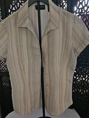 New York & Company Beige and Blue Striped Short Sleeve Shirt